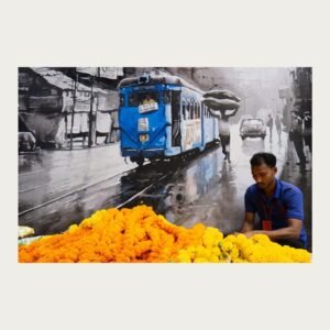 Kolkata with poster, tram, and flower seller by Bhaskar Kundu