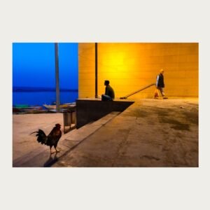 Three figures aligned diagonally in Varanasi – street photograph by Debrani Das