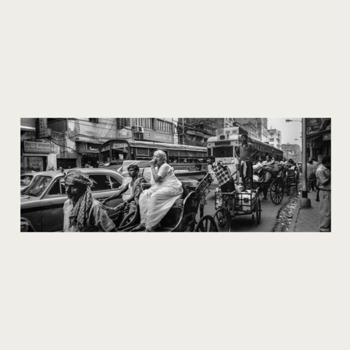 Black and white panoramic documentary photograph of Kolkata by Rajib De