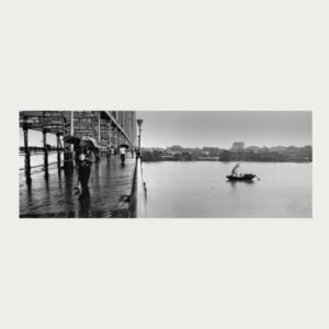 Black and white panoramic documentary photograph of Kolkata by Rajib De, analogue film 